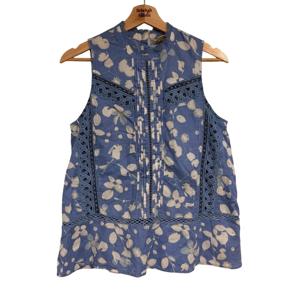 ANTHRO Vanessa & Virginia Blue Cotton Feminine Sleeveless Blouse SZ 6 Lace EUC